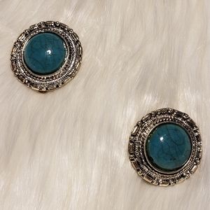 Southwestern Faux Turquoise Button Clip Earrings